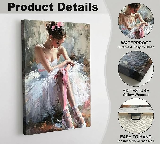 Pink Ballerina Girl Canvas Wall Art Ballet Lover Wall Decor Picture | Modern Ballet Dancer Poster Print for Dance Studio Bedroom Girls Room Preppy Dormitory Painting Artwork Home Decoration