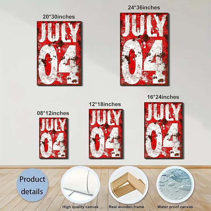 Framed 4th of July Distressed Wall Art, Patriotic Rustic Canvas Art Pictures, USA Independence Day Wall Decor, Made in USA Ready to Hang for Living Room Bar