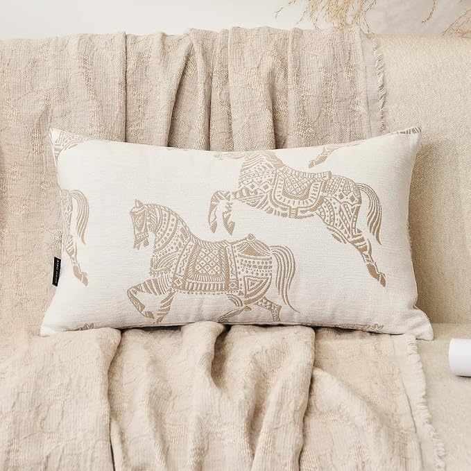 Lumbar Pillow Covers 12x20 inches, Double Sided Horse Pattern Chenille Jacquard Embroidered Decorative Throw Pillows Cover, Luxury Couch Cushion Cover for Bed Sofa Living Room Bedroom