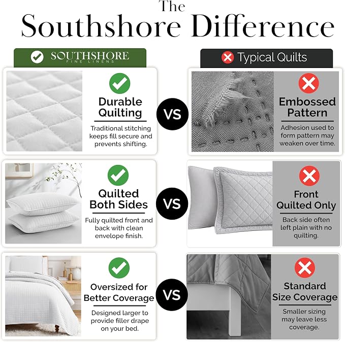 Southshore Fine Living, Inc. XL Twin Quilt Set, Microfiber Quilted Bedspread, White Bedding Twin Quilt w/Pillow Sham, Pet Hair Resistant Bedding Coverlet Set, Quilted Coverlet, Bright White Quilts