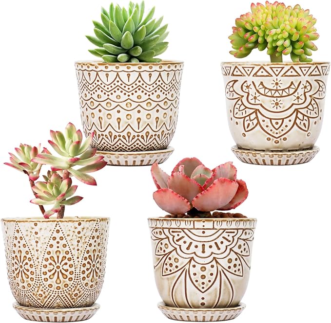 Gepege Ceramic Succulent Pots, 4 Inch Small Plant Pots with Drainage | Ceramic succulent pots with drainage holes, ceramic saucers and mesh pads, set of 4, ideal for cactus and succulents