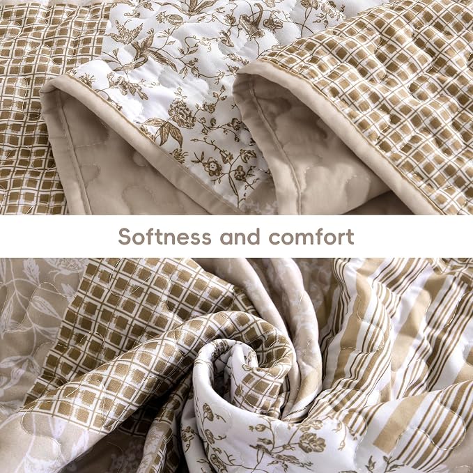 Mybedsoul Beige Boho Quilt Twin Size, Floral Bedspread Dorm Bedding | Soft Lightweight Patchwork Quilt, 2 Pieces Plaid Coverlet Set for All Seasons, Reversible Bedding Set 68"×86"