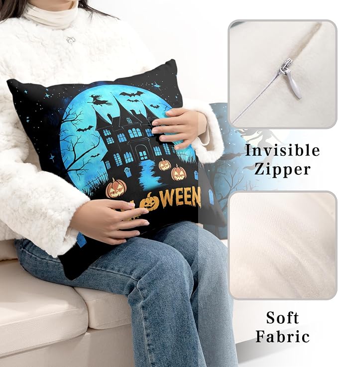 Halloween Pillow Covers 22x22 Set of 2 Witch Castle Throw Pillow Covers Horror Full Moon Night Pillow Case Bat Ghost Pumpkin Cushion Case for Holiday Party Home Decor Couch Sofa