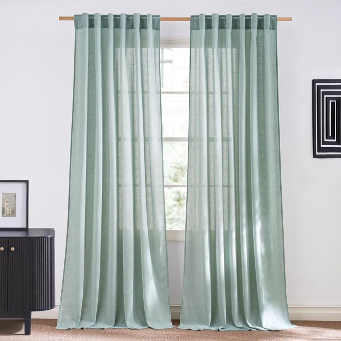 NICETOWN Linen Blend Sage Green Curtains 96 inches Long, Rod Pocket & Back Tab Light Filtering Semi Sheer Window Treatments Privacy Added Drapes for Living Room, W55 x L96, 2 Panels