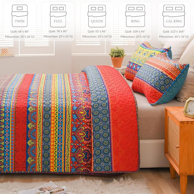 Exclusivo Mezcla Reversible Boho Quilts Twin Size Blue | Lightweight Soft Bedspreads, All Season Bohemian Coverlet Bedding Set, Printed Floral Pattern, 1 Quilt and 1 Pillow Sham