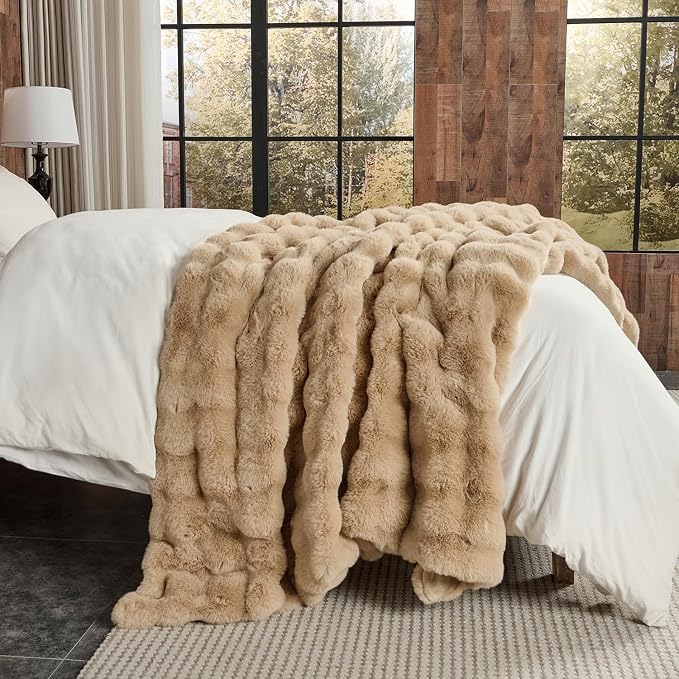 Lotus Karen King Size Faux Fur Blanket Khaki - Big Bubble Rabbit Fluff Blanket for Bed, Large Fluffy Fuzzy Cozy Blanket, Thick Furry Plush Shaggy Blankets, 108x90 Inches