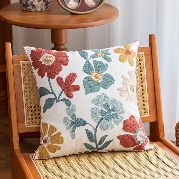 YIcabinet Pack of 2 Throw Pillow Covers,Embroidered Flower Pillow Case Soft Square Decorative Pillowcases for Home Sofa Couch 18x18 Inch