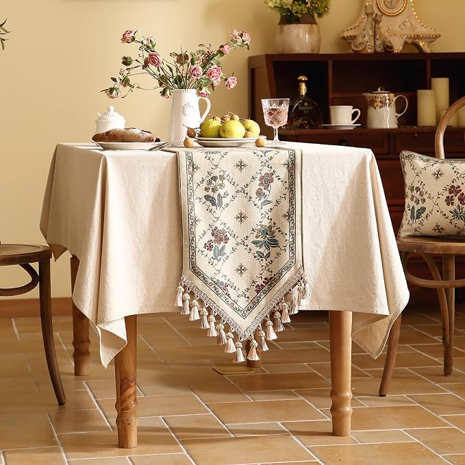 Patdrea Designer French Elegant Linen Table Runner,12"X118"-Audrey A | Vintage Tablerunner 118 Inches Long,Floral Pattern with Tassel Edge,Decorative Runner for Dining Room Living Room