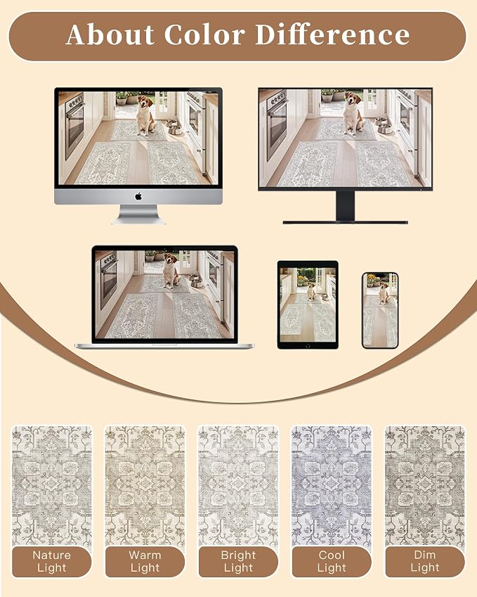 Madane Washable Kitchen Rug Set of 3 Small Area Rugs Non-Slip, Beige/Brown | Vintage Hallway Entryway Door Mat Indoor Entrance Low Pile Floor Carpet Runner for Inside Front Entry Laundry 2x3+2x4+2x5