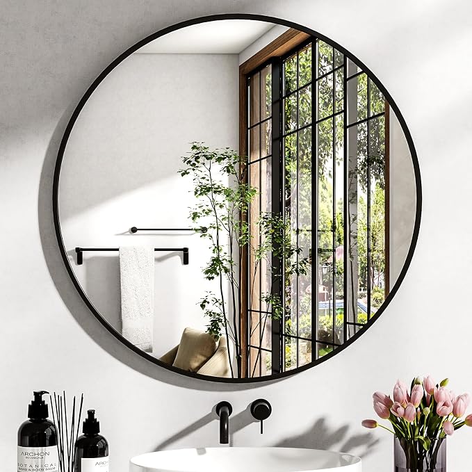 XRAMFY 36 Inch Round Mirror-Black Circle Mirrors for Bathroom, Entryway | Modern Hanging Vanity Mirror for Livingroom, Wall Decor, Bedroom, Matte Black Circle Decorative Wall Mirror