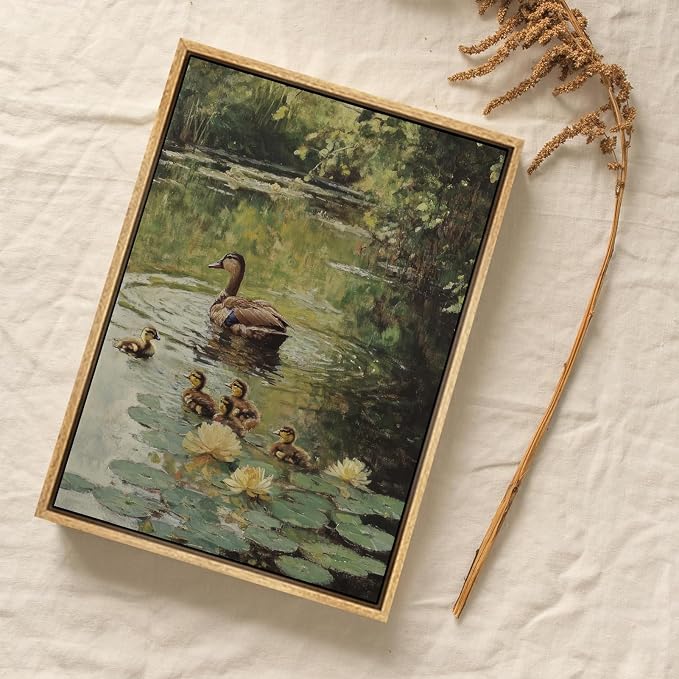 Framed Vintage Duck Canvas Wall Art Farmhouse Wall Decor Pictures Cottagecore Mother Duck Print Wildlife Nature Pond Sage Green Painting for Countryside Farmhouse Nursery Decoration 12x16in