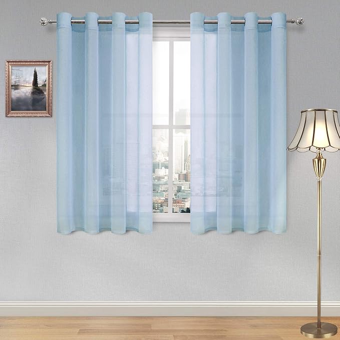 DWCN Sky Blue Faux Linen Sheer Curtains - Grommet Voile Window Curtain Drapes for Bedroom Living Room 52 x 54 inch Length, Set of 2