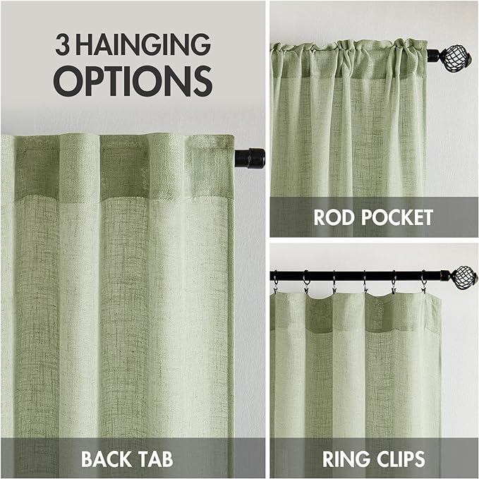 MIULEE Sage Green Linen Curtains 52x108 Inches Long for Bedroom Living Room | Soft Thick Linen Textured Window Drapes, Semi Sheer Light Filtering, Back Tab Rod Pocket, Burlap Look, 2 Panels