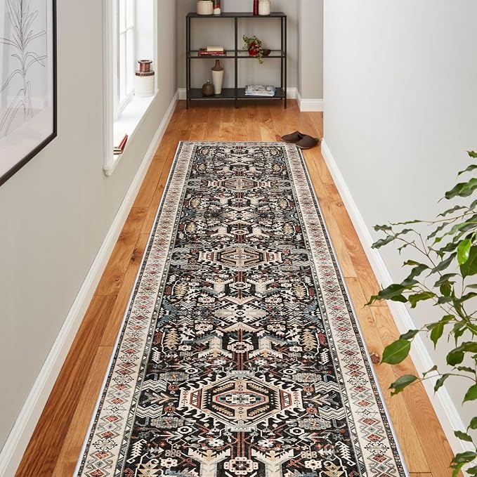 Washable Kitchen Runner Rug 2'6''x12' - Non-Slip Hallway Entryway Rugs with Rubber Backing Soft Thin Carpet for Bathroom Vintage Stain Resistant Indoor Home Decor Mat for Bedroom (Black, 2'6'' x 12')