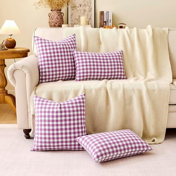 Outdoor Lavender Gingham Plaid Throw Pillow Covers 18x18 Set of 2 (Purple) | Purple-color Cushion Covers 18 x 18, Vintage Farmhouse Cottage Core Decor for Couch Sofa Bed, Cojines Decorativos Para Sala