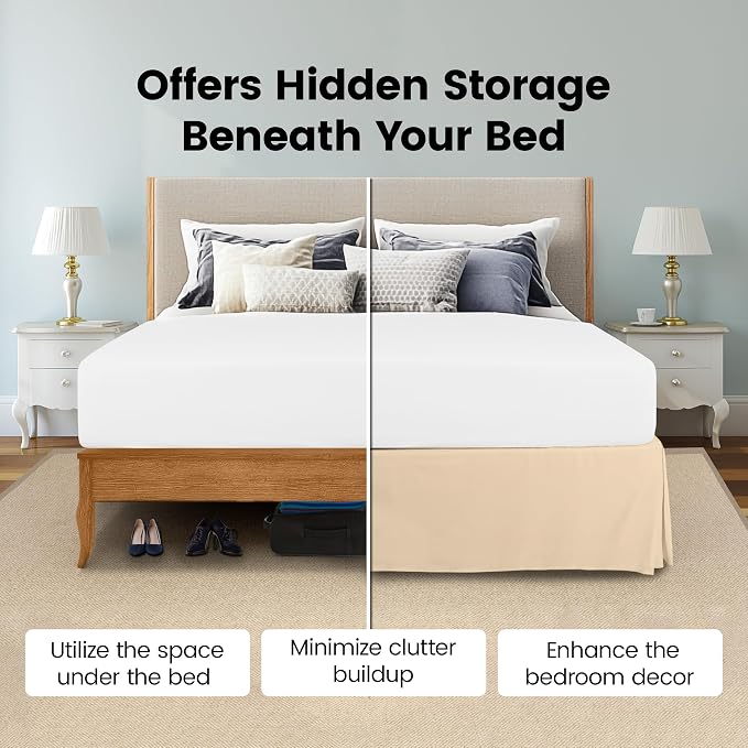 Queen Bed Skirt, Hides Under-Bed Storage 16 Inch Drop, Pleated, Beige | Easy Fit Design, Shrinkage & Fade Resistant, Hotel Style, Microfiber Durable Fabric, Machine Washable