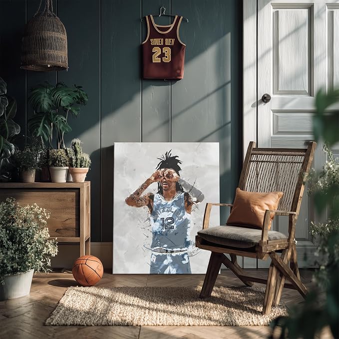 Ja Morant Basketball Canvas Wall Art, Sports Player Poster, 12x16 Inch | Abstract splash ink athletic artwork, motivational sports wall decor for teen boys room, bedroom, living room, gym or office