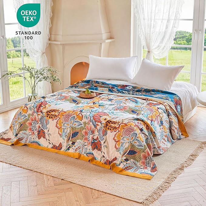 MSGKV Boho Throw Blanket 60"x80" Summer Cotton Floral Blanket for Couch Bed | Muslin Throw, Floral Pattern, Reversible Woven, Twin Size Blanket, Lightweight Comfort, Farmhouse Decor, Machine Washable