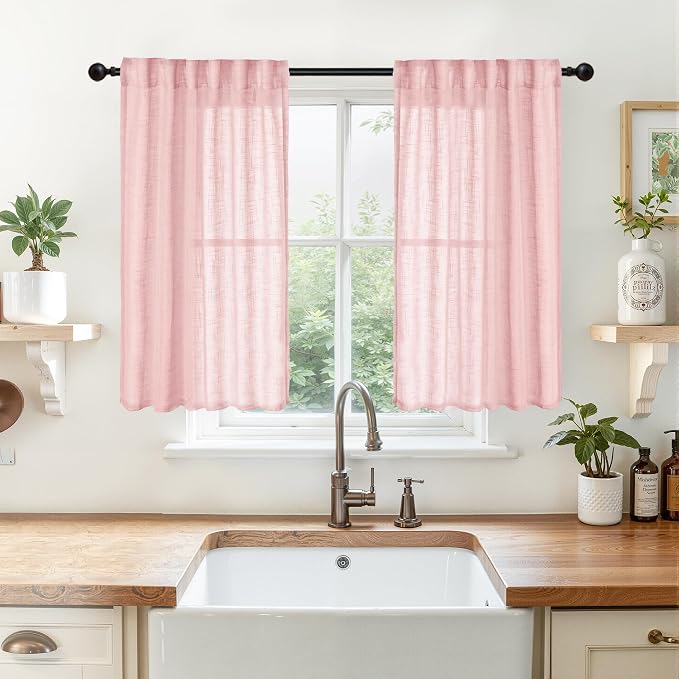YoungsTex Light Pink Linen Kitchen Curtains 40 Inches Long, Short Semi Sheer Drapes Light Filtering with Rod Pocket Back Tab Lightweight for Cafe Bathroom Window, 2 Panels, 34 X 40 Inch