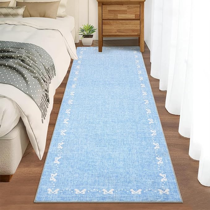COZYLOOM 2x6 Kitchen Runner Rug Bow Bordered Long Rugs for Hallway, Solid Color Throw Rugs with Rubber Backing Washable, Non Shedding Stain Resistant Modern Carpet for Entryway, Bedroom, Blue