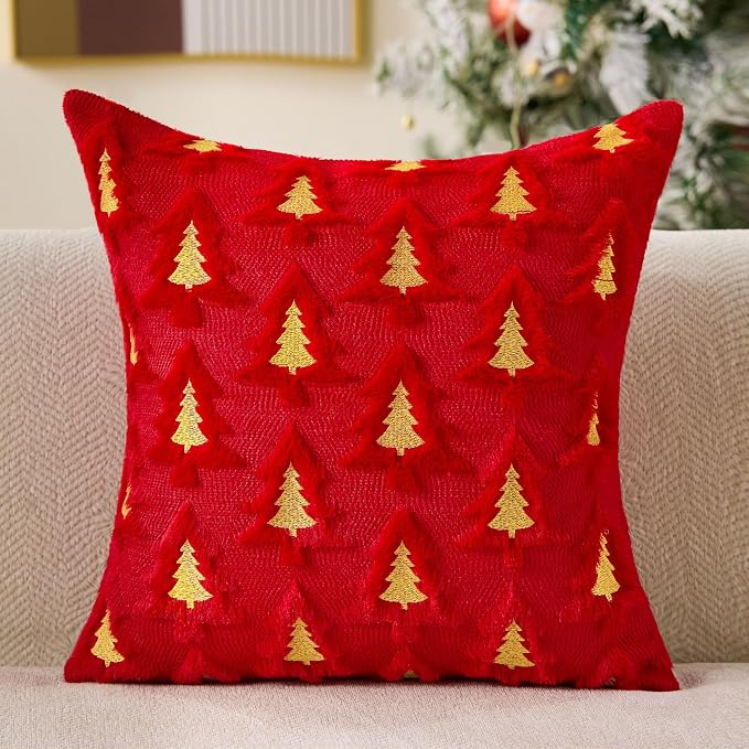 Allorry Christmas Pillow Covers 18x18 Set of 2 Red Double Xmas Tree Pillow Covers Soft Plush Faux Fur Christmas Decorations for Xmas Winter Holiday Home Bedroom Sofa Cushion Cases PT-008B18