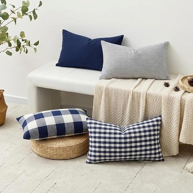 Rectangle Navy Blue Striped Plaid Outdoor Lumbar Decor Pillow Covers 12x20 | Farmhouse Blue and White Decor Coastal Pillow Covers 20x12 Set of 4, Neutral Navy Blue Throw Pillows For Couch Sofa Patio