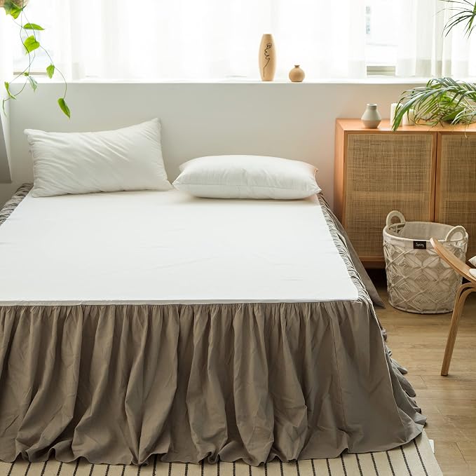 BISELINA French Linen Bed Skirt with Pleated Frills 18-Inch Tailored Drop Natural Flax Cotton Blend Dust Ruffle Soft Cozy Farmhouse Bedding (18" King, Ruffle Grey)