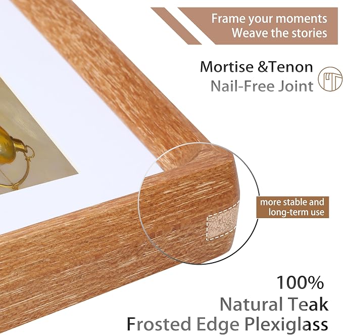 12x16 Picture Frame with Mat for 8.5x11, USA-Sourced Natural Teak Wood Handcrafted Rounded Corner with Plexiglass, Vertical or Horizontal Display Photo Document Gallery Wall Poster Frame