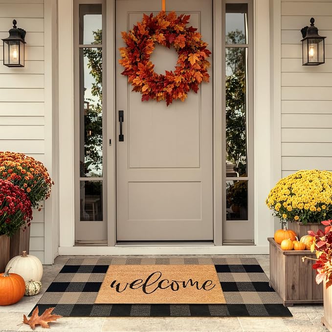 LEEVAN Buffalo Plaid Outdoor Door Mat, Washable Checkered Layering Rug | Small 2x4.3 Black and Tan Rustic Check Entryway Doormat, Hand Woven Cotton Welcome Rug for Front Porch Kitchen Patio Bathroom