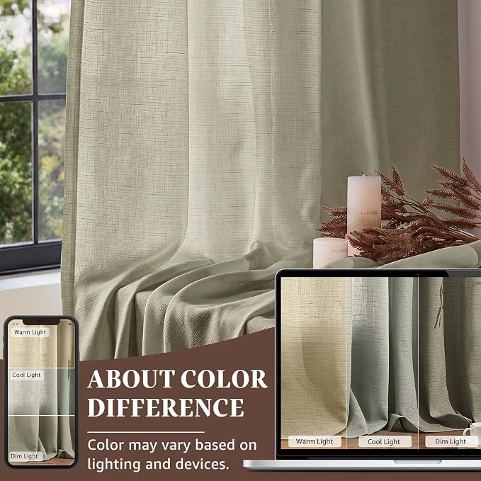 jinchan Linen Curtains Light Filtering Back Tab 50x96 Inch 2 Panels Green | Semi Sheer Curtains 96 inch length for Bedroom Living Room, Modern Farmhouse Drapes with Rod Pocket, Natural Boho Curtains