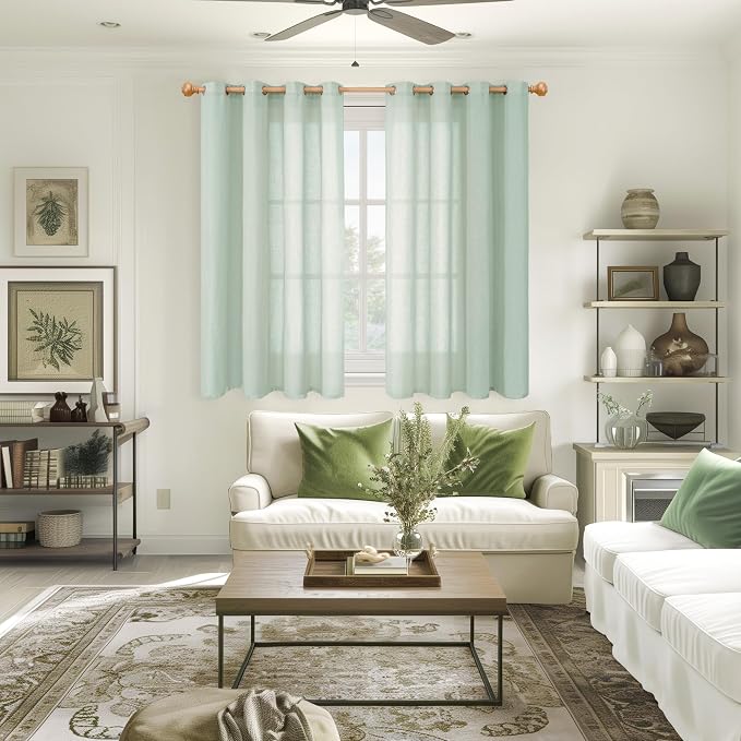 YoungsTex Short Linen Sheer Curtains 54 Inch Length for Window, Light Sage Green Textured Drapes Light Filtering for Bedroom Kitchen Bathroom Lightweight Grommet, 2 Panels, 52 X 54 Inch