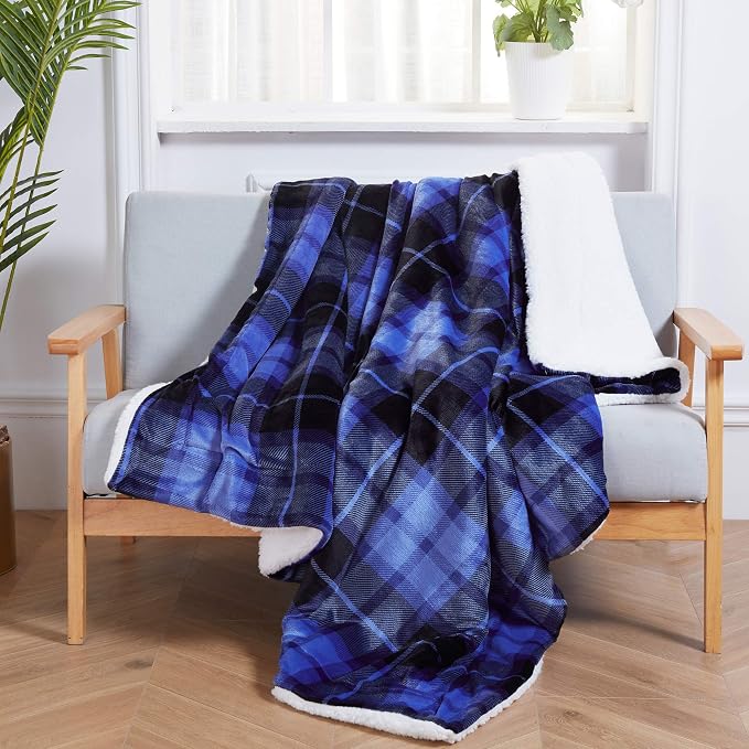 SOCHOW Sherpa Plaid Fleece Throw Blanket, 60 x 80 inches, Blue | Double-Sided Super Soft Luxurious Bedding Blanket