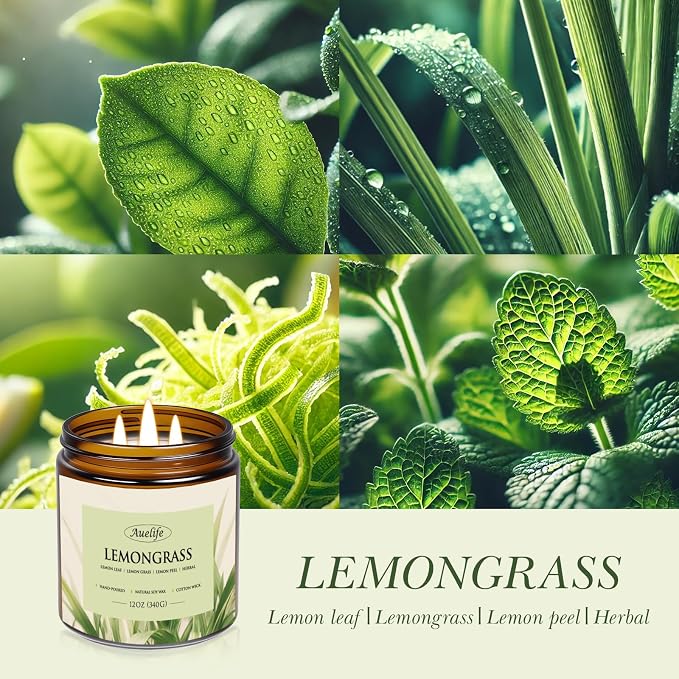 Lemongrass Scented Candle, 3-Wick Jar Candle,12oz Natural Soy Wax | Indoor & Outdoor Use; Fresh Lemongrass Fragrance; 50 Hour Burn; Patio, Camping & Garden; Summer Gift