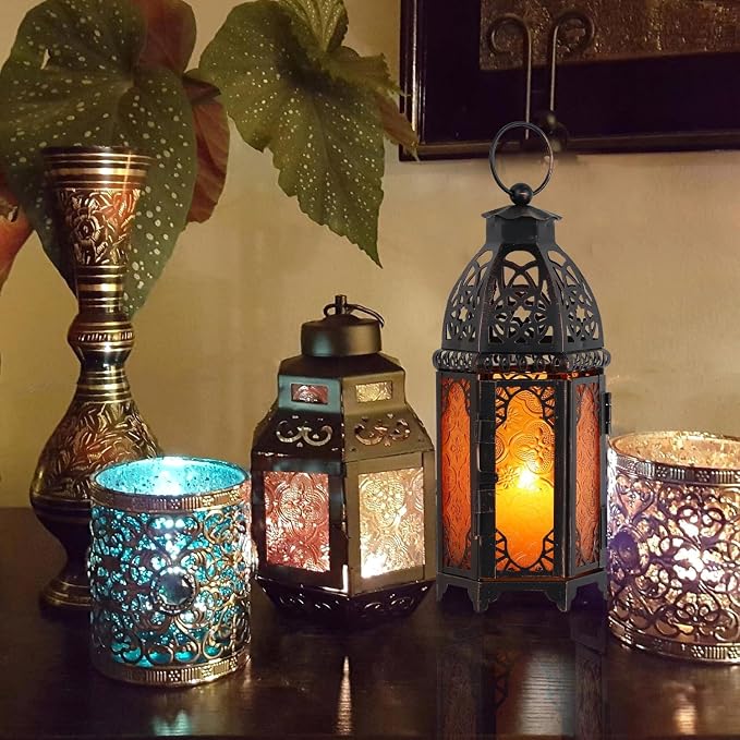 Ramadan Lanterns Decorative Indoor & Outdoor, 11’’ Medium Size Vintage Metal Hanging&Tabletop Candle Holder Decor, Halloween Christmas Moroccan Decorations for Home Porch Patio (Amber)