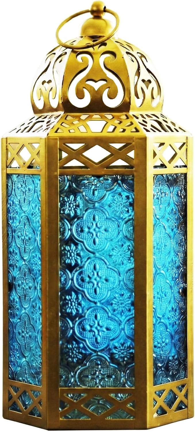 Vela Lanterns 12" Metal Moroccan Decorative Candle Lantern Holders for Hanging or Table, Indoor Home Decor, Outdoor Patio or Porch, Weddings, Gold, Blue Glass, Large