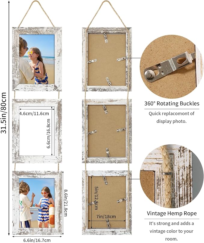 5x7 Collage Picture Frames Set of 2, Rustic Wooden Real Glass Vertical Hanging 3 Opening 5 by 7 Photo Frame, Distressed White