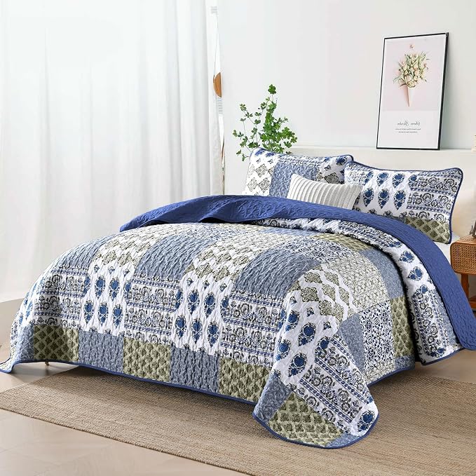 Mybedsoul Boho Quilts Queen Size, Floral Patchwork Bedding Set, Aqua Blue | Soft Lightweight Microfiber Coverlet Set, 3 Pieces Plaid Reversible Bedspread, Bed Sets for All Seasons 96"x90"