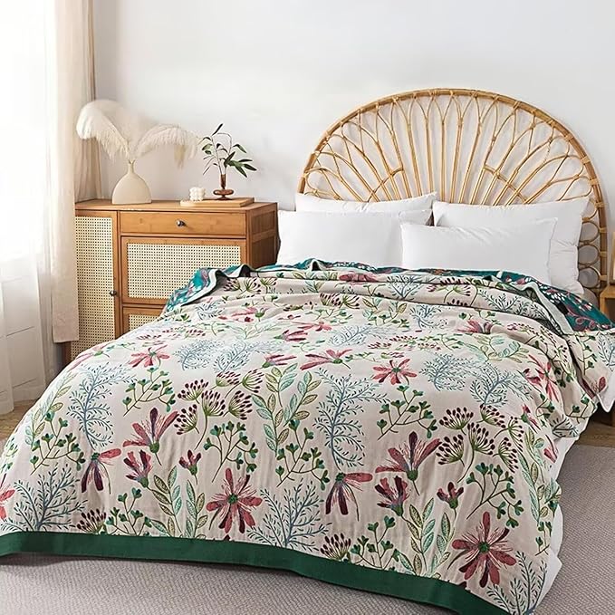 Boho Throw Blanket for Bed 100% Cotton Bohemian Blankets Ultra Soft Woven Muslin Decorative Blankets All Seasons Vintage Quilt Knitted Blanket for Sofa Chair(Green, 60"x80")