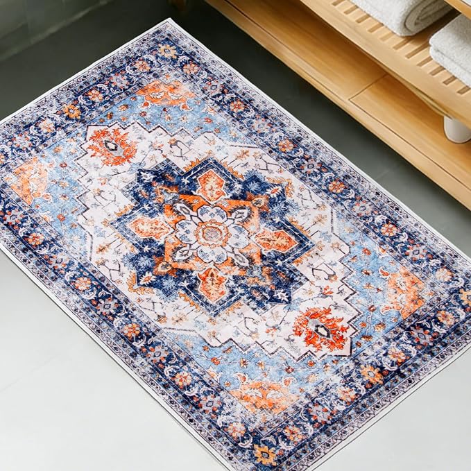 2x3 Entryway Rug, Non Slip Indoor 2x3 Washable Rug | Soft faux wool, machine washable & stain resistant. Non-slip rubber backing, low pile. For entryway, kitchen, hallway.Blue.