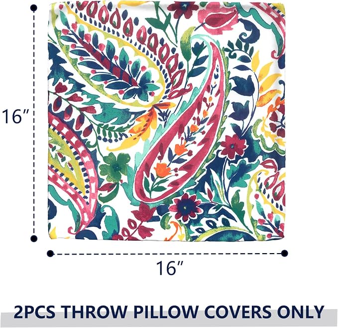 Outdoor Throw Pillow Covers 16x16 Inch, Square Patio Pillow Cases Pack of 2, Modern Decorative Back Cushion Covers for Patio Furniture Garden Couch Farmhouse, Vigour Paisley