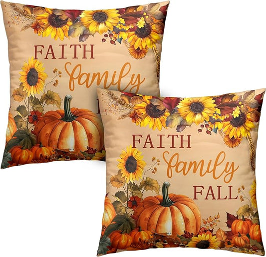 Fall Pillow Covers Pumpkin Sunflower Throw Pillow Covers Autumn Thanksgiving Harvest Pillow Case 16x16 Set of 2 Double Sided Printing Cushion Case for Couch Sofa