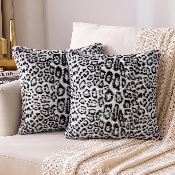 cygnus Snow Leopard Pillow Covers 18x18 inch Set of 2 | Black and White ,Soft Faux Fur Animal Print Throw Pillow Covers,Cheetah Pillowcase for Couch Sofa Bedroom Livingroom