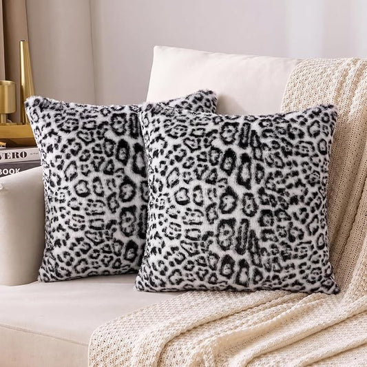 cygnus Snow Leopard Pillow Covers 18x18 inch Set of 2 | Black and White ,Soft Faux Fur Animal Print Throw Pillow Covers,Cheetah Pillowcase for Couch Sofa Bedroom Livingroom