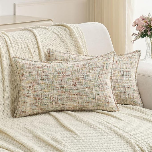 FUTEI Pack of 2 Chenille Tweed Vintage Throw Pillow Covers 12x20 Inch Soft Decorative Lumbar Pillowcase Modern Farmhouse Accent for Couch Bed Living Room, Colorful