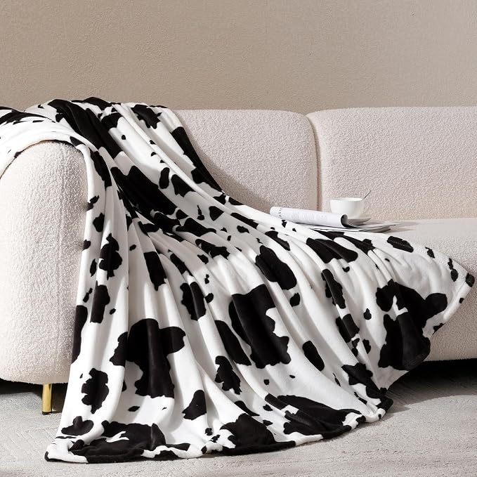 Cozy Bliss Cow Print Throw Blanket for Bed - Fuzzy Thick Soft Warm Fleece Blankets for Couch & Bed, for Women Men Girls Kids, Black & White Twin Size 60"*80"
