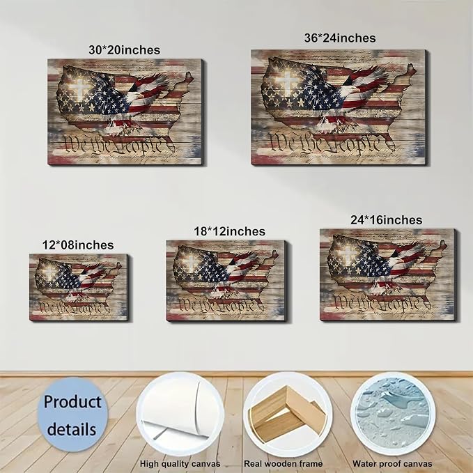 Framed We The People Bald Eagle USA Map Wall Art, Patriotic American Flag Canvas Art Pictures, Patriotic Wall Decor for Office Living Room Man Cave, Ready to Hang Made in USA