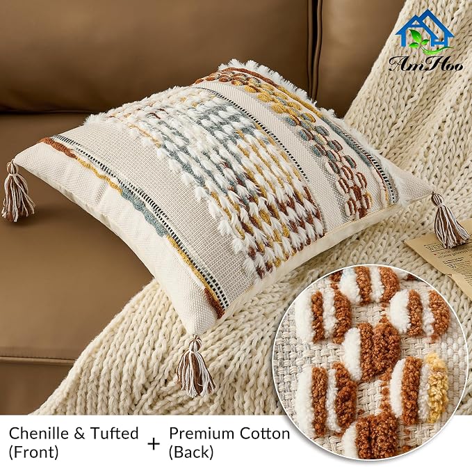 AmHoo Set of 2 Chenille Striped Tufted Textured Boho Throw Pillow Covers Aesthetic with Tassels Woven Decorative Pillow Case for Couch Bed Sofa Bedroom Modern Funky 18 x 18-Inch Brown White