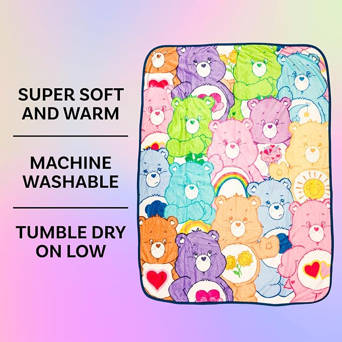 Silver Buffalo Care Bears Featuring Tenderheart, Harmony, Good Luck, Bedtime, Love-A-Lot, Cheer, Share, Funshine, Grumpy, Wish, and Friend Bear 45” x 60” Fleece Throw, Soft and Cozy Blanket, 250 GSM