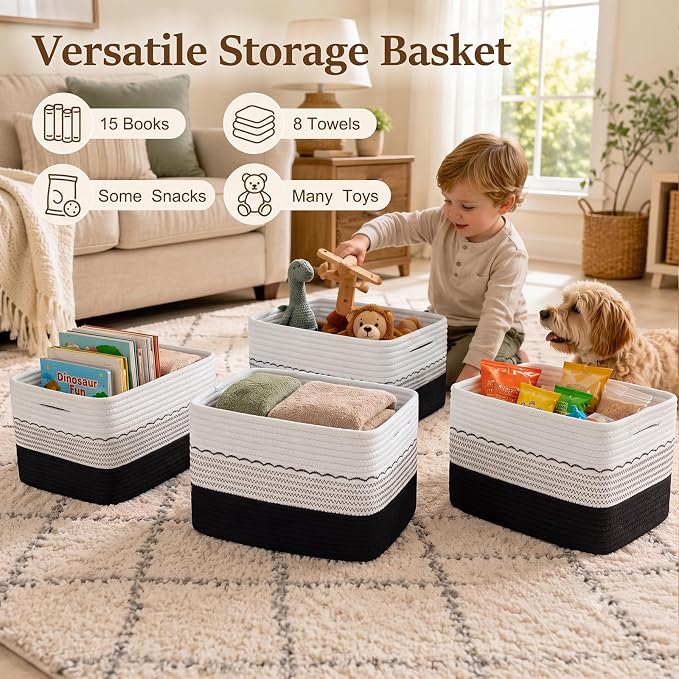 OIASKET 4 Pack Storage Baskets for Organizing, 13"X9"X7.87", Decorative Cotton Rope Baskets for Shelves, Small Woven Basket for Toys, Books and Towels, Black & White