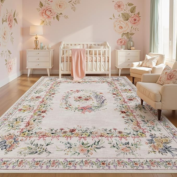 Joydeco Washable 9x12 Area Rugs, Ultra-Thin Large Area Rug for Living Room, Pink Soft Non Slip Boho Floral Bow Apartment Decor Carpet for Big Bedroom Playroom Nursery Office, Light Pink